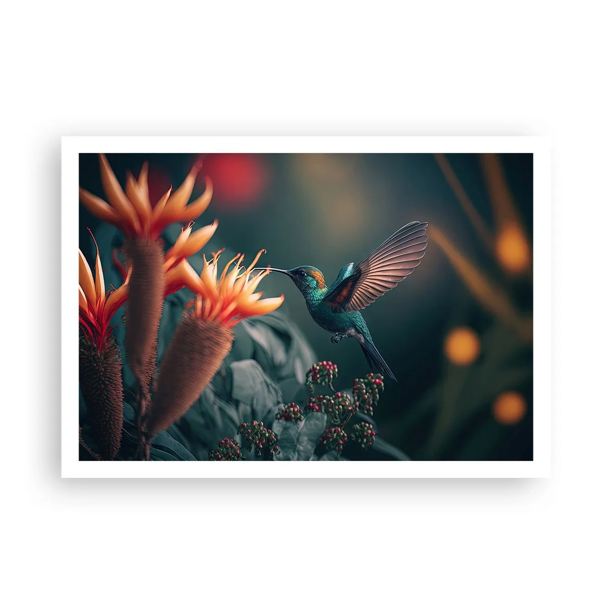 Poster - Ein bunter Kolibri neben Blumen vor einem natürlichen Hintergrund - 100x70cm - Wirklich buntes Leben - Moderne Wanddekoration für Wohnzimmer und Schlafzimmer ARTTOR