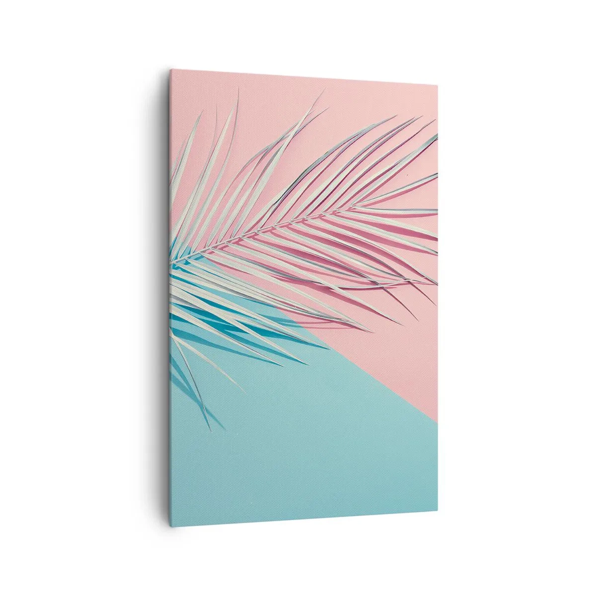 Bild auf Leinwand - Leinwandbild - Tropisches Blatt vor einem Hintergrund in Pastelltönen von Rosa und Blau - 80x120cm - Tropischer Eindruck - Moderne Wanddekoration für Wohnzimmer und Schlafzimmer ARTTOR
