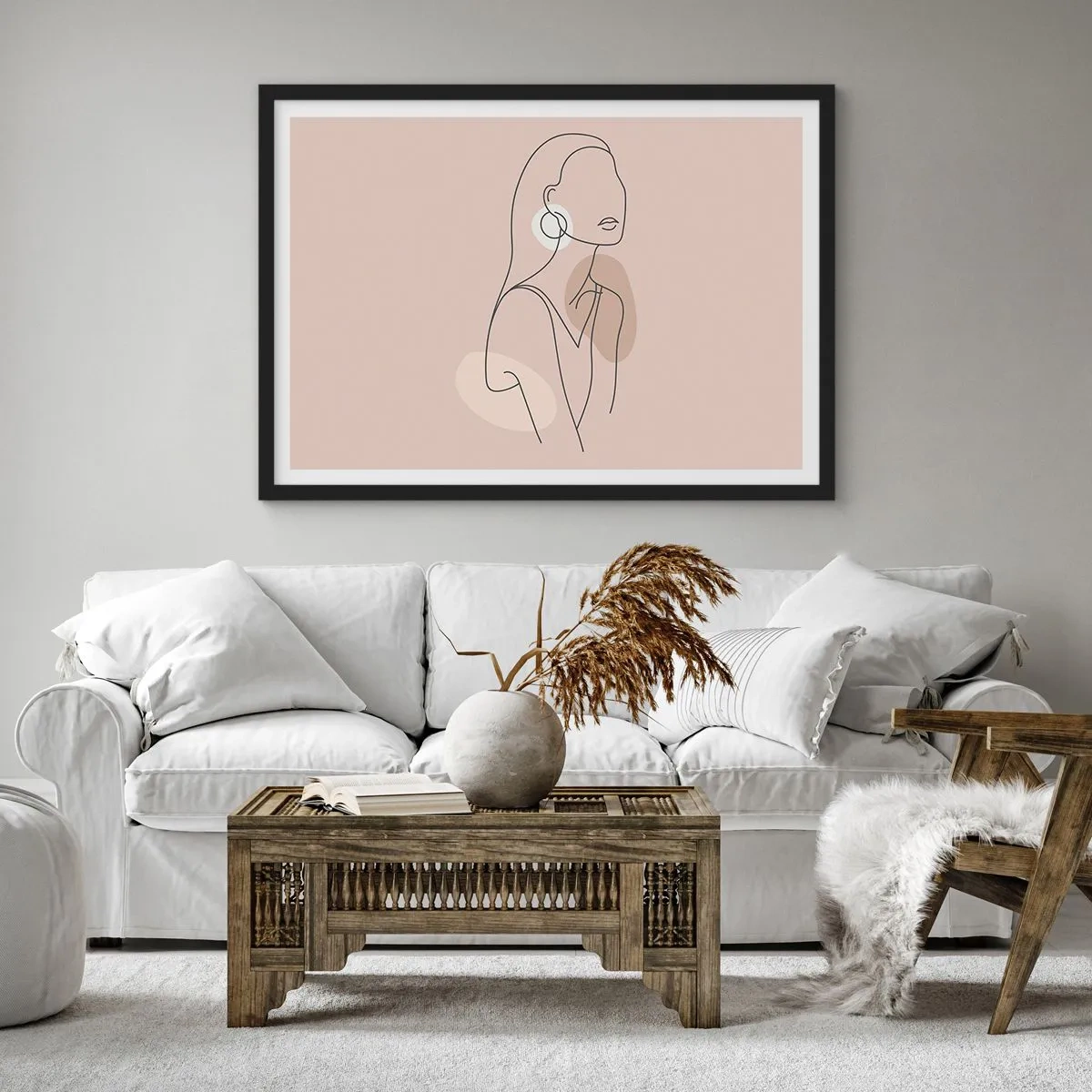 Poster in einem schwarzem Rahmen - Minimalistische Illustration einer Frau mit Umrissen auf beigem Hintergrund - 70x50cm - Mädchenhafte Ikone - Moderne Wanddekoration für Wohnzimmer und Schlafzimmer ARTTOR