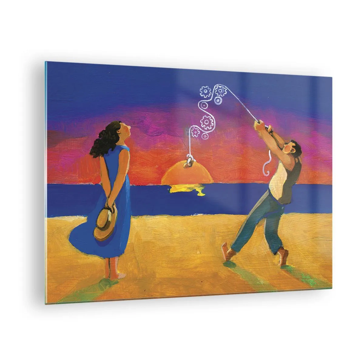 Glasbild - Bild auf glas - Bunte Zusammenfassung eines Paares am Strand bei Sonnenuntergang - 70x50cm - Mehr als ein Sternchen vom Himmel - Moderne Wanddekoration für Wohnzimmer und Schlafzimmer ARTTOR