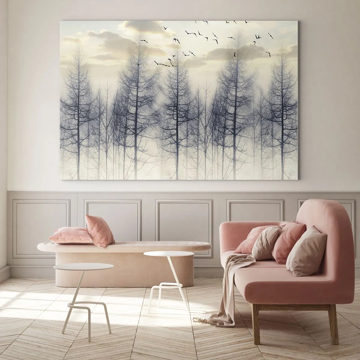 Glasbild - Bild auf glas - Ein nebliger Wald mit Vögeln, beleuchtet von der aufgehenden Sonne - 70x50cm - Waldgeister - Moderne Wanddekoration für Wohnzimmer und Schlafzimmer ARTTOR