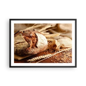 Poster in einem schwarzem Rahmen - Knuspriges Brot mit Körnern und Weizenähren auf Holzhintergrund - 70x50cm - Appetitanregend, duftend, knackig - Moderne Wanddekoration für Wohnzimmer und Schlafzimmer ARTTOR