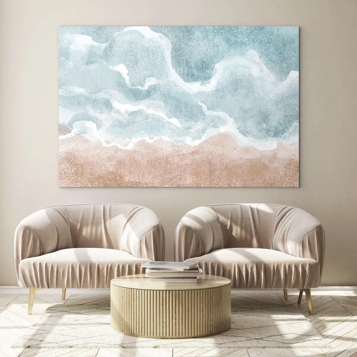 Glasbild - Bild auf glas - Pastellfarbene Wellen in Blau- und Beigetönen erzeugen eine wolkige Abstraktion. - 70x50cm - Cloud-Abstraktion - Moderne Wanddekoration für Wohnzimmer und Schlafzimmer ARTTOR