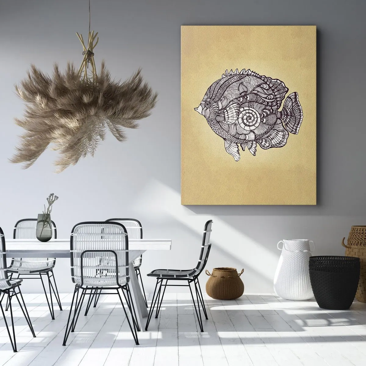 Bild auf Leinwand - Leinwandbild - Dekorativer Fisch im Zeichenstil mit Mustern - 50x70cm - Aus dem Ozean der Ornamente - Moderne Wanddekoration für Wohnzimmer und Schlafzimmer ARTTOR