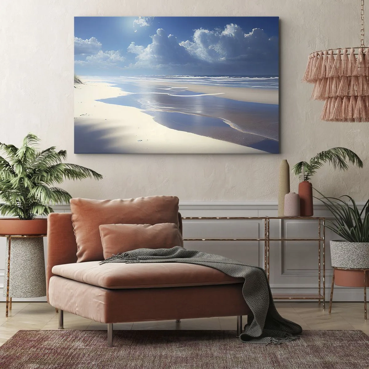 Bild auf Leinwand - Leinwandbild - Ein Sandstrand mit Wellen unter blauem Himmel - 70x50cm - Paradiesischer Urlaub - Moderne Wanddekoration für Wohnzimmer und Schlafzimmer ARTTOR