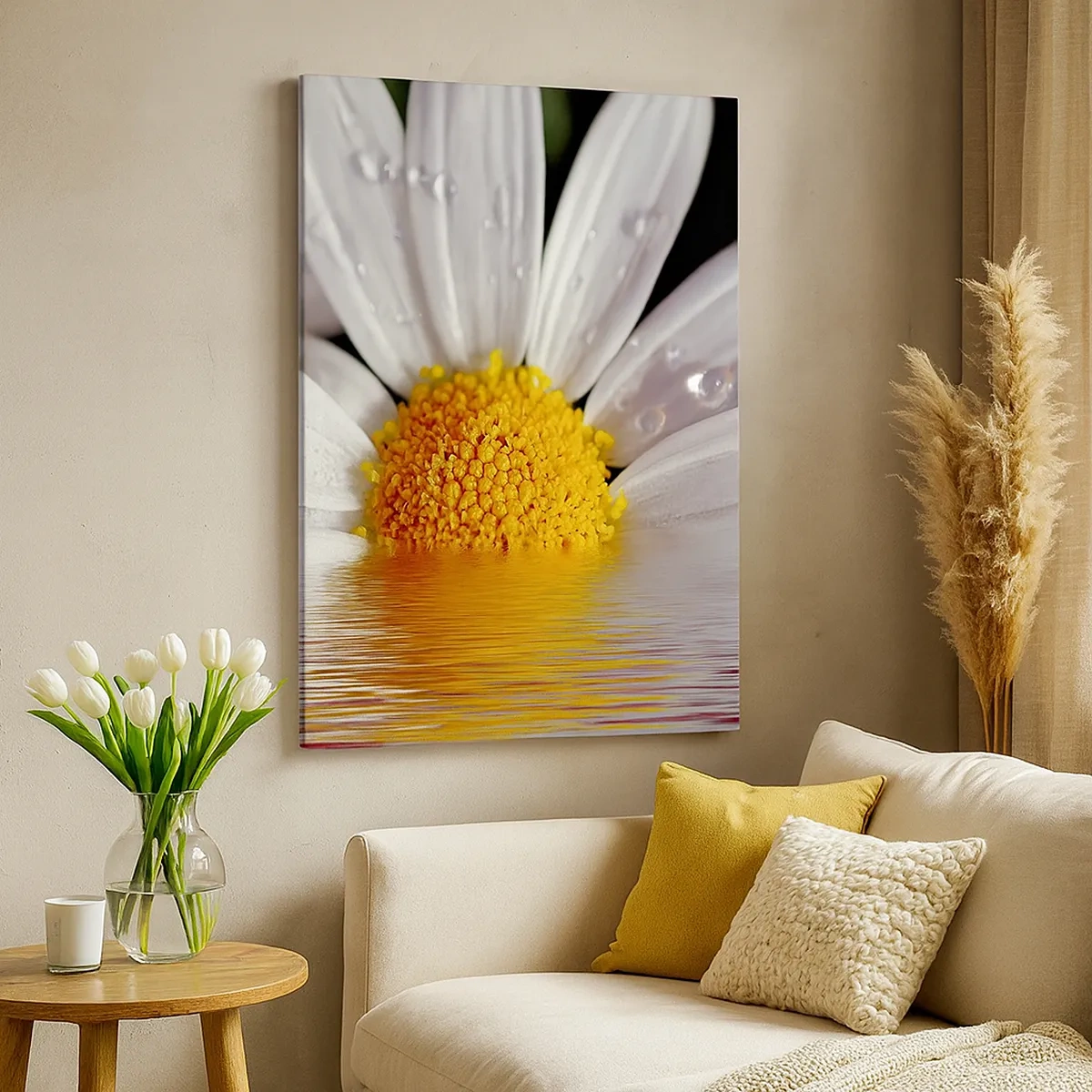 Bild auf Leinwand - Leinwandbild - Ein weißes Gänseblümchen mit Wassertropfen, eingetaucht in eine Wasserspiegelung - 50x70cm - Die aufgehende Sonne der Gänseblümchen - Moderne Wanddekoration für Wohnzimmer und Schlafzimmer ARTTOR