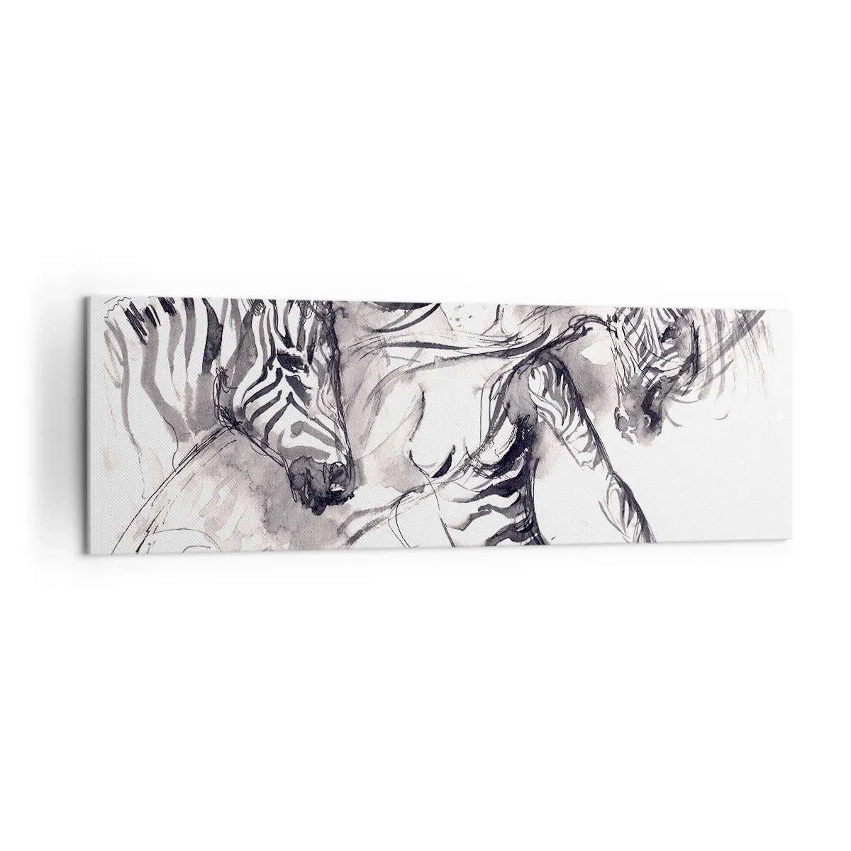 Bild auf Leinwand - Leinwandbild - Eine Frau in einem dynamischen Tanz mit Zebras in einer Schwarz-Weiß-Ästhetik - 160x50cm - Tanzen mit den Zebras - Moderne Wanddekoration für Wohnzimmer und Schlafzimmer ARTTOR