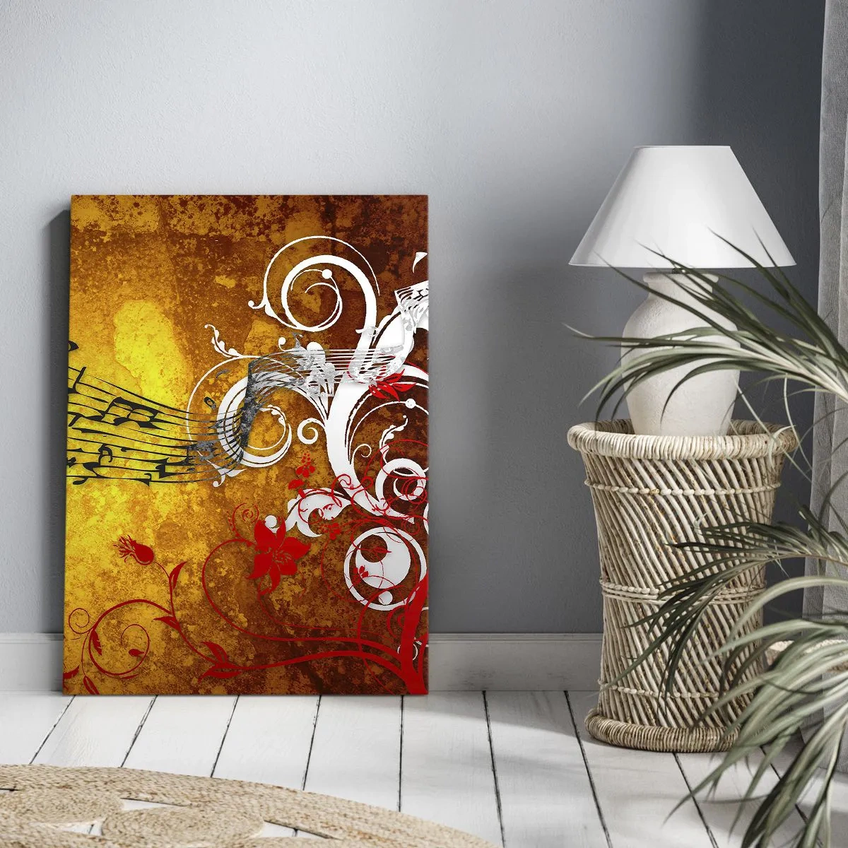 Bild auf Leinwand - Leinwandbild - Abstrakte Musiknoten auf einem bunten Hintergrund mit Ornamenten - 50x70cm - Lass die Musik fließen - Moderne Wanddekoration für Wohnzimmer und Schlafzimmer ARTTOR