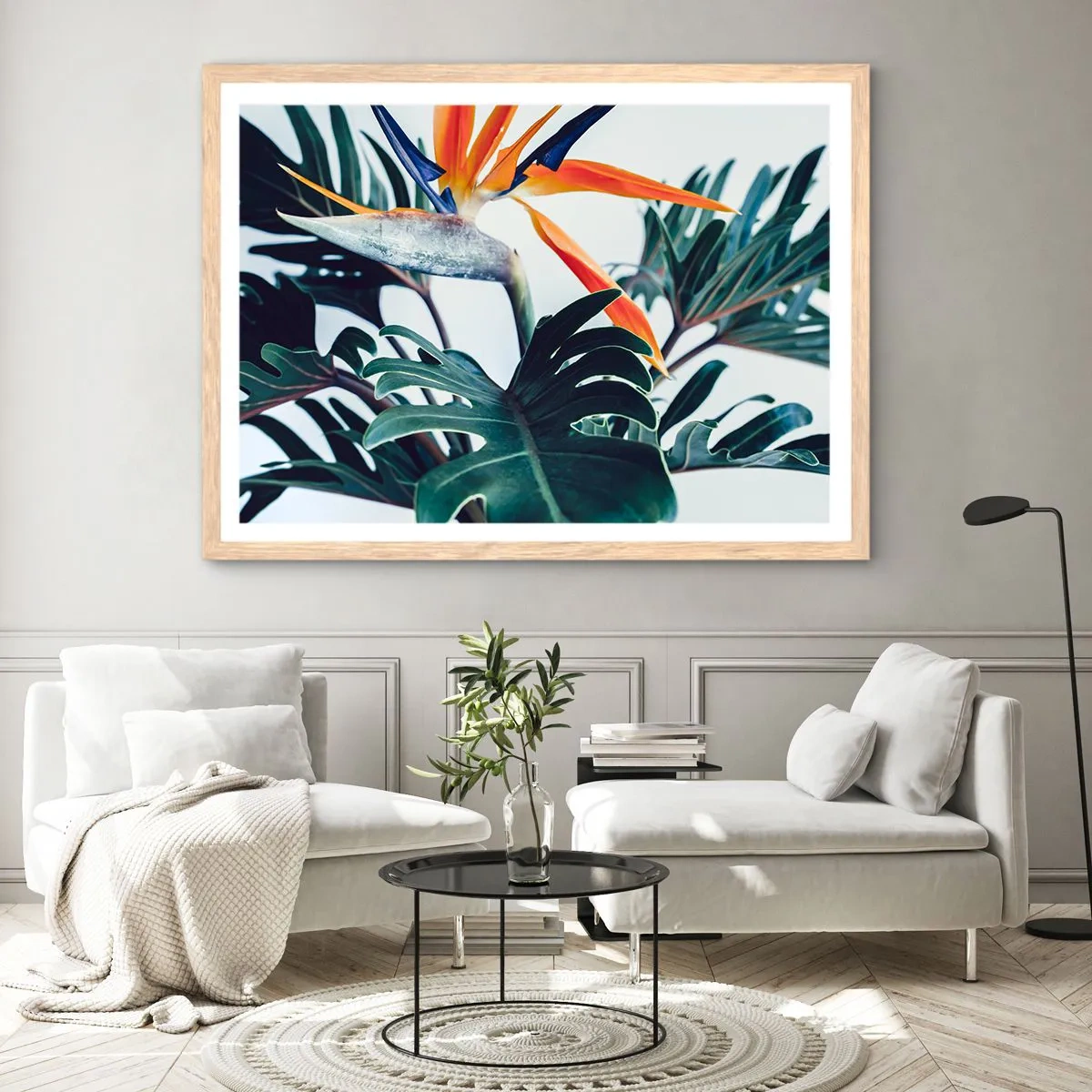 Poster in einem Rahmen aus heller Eiche - Vogelbusch - 91x61 cm