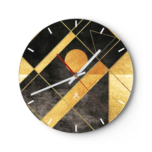 Wanduhr - Glasuhr - Goldene geometrische Formen auf schwarzem Hintergrund mit Sonnenmotiv - 30x30cm - Die Sonne der Wüste - Moderne Wanddekoration für Wohnzimmer, Küche und Schlafzimmer ARTTOR