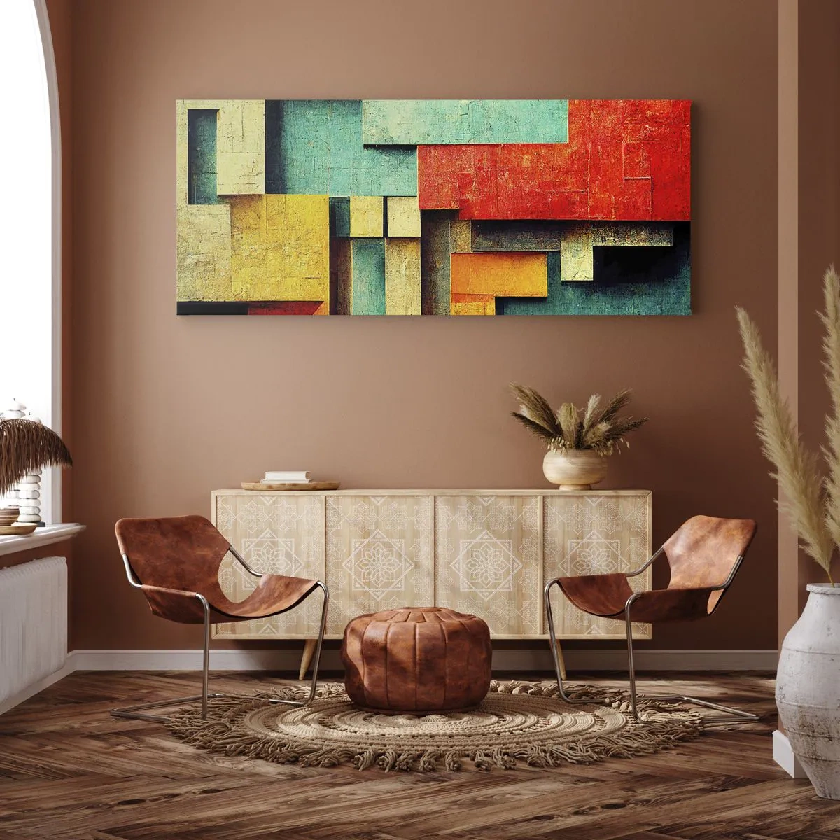 Bild auf Leinwand - Leinwandbild - Abstrakte geometrische Formen in leuchtenden Farben - 160x50cm - Festival der rechten Winkel - Moderne Wanddekoration für Wohnzimmer und Schlafzimmer ARTTOR