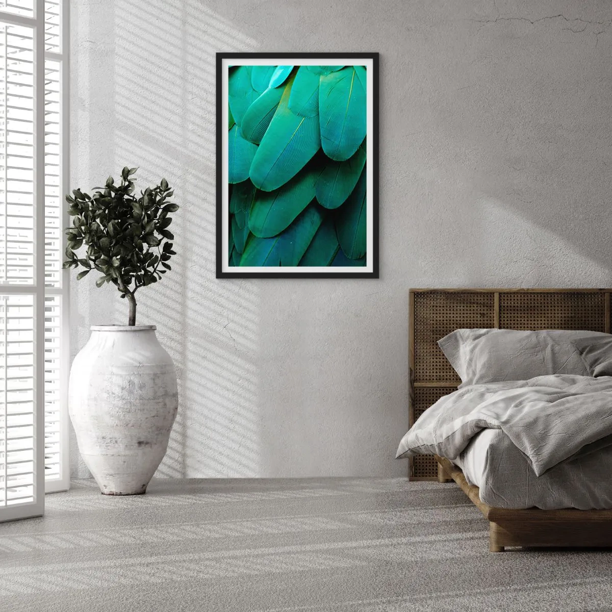 Poster in einem schwarzem Rahmen - Nahaufnahme der grünen Federn eines exotischen Vogels - 50x70cm - Papageienartige Präzision - Moderne Wanddekoration für Wohnzimmer und Schlafzimmer ARTTOR