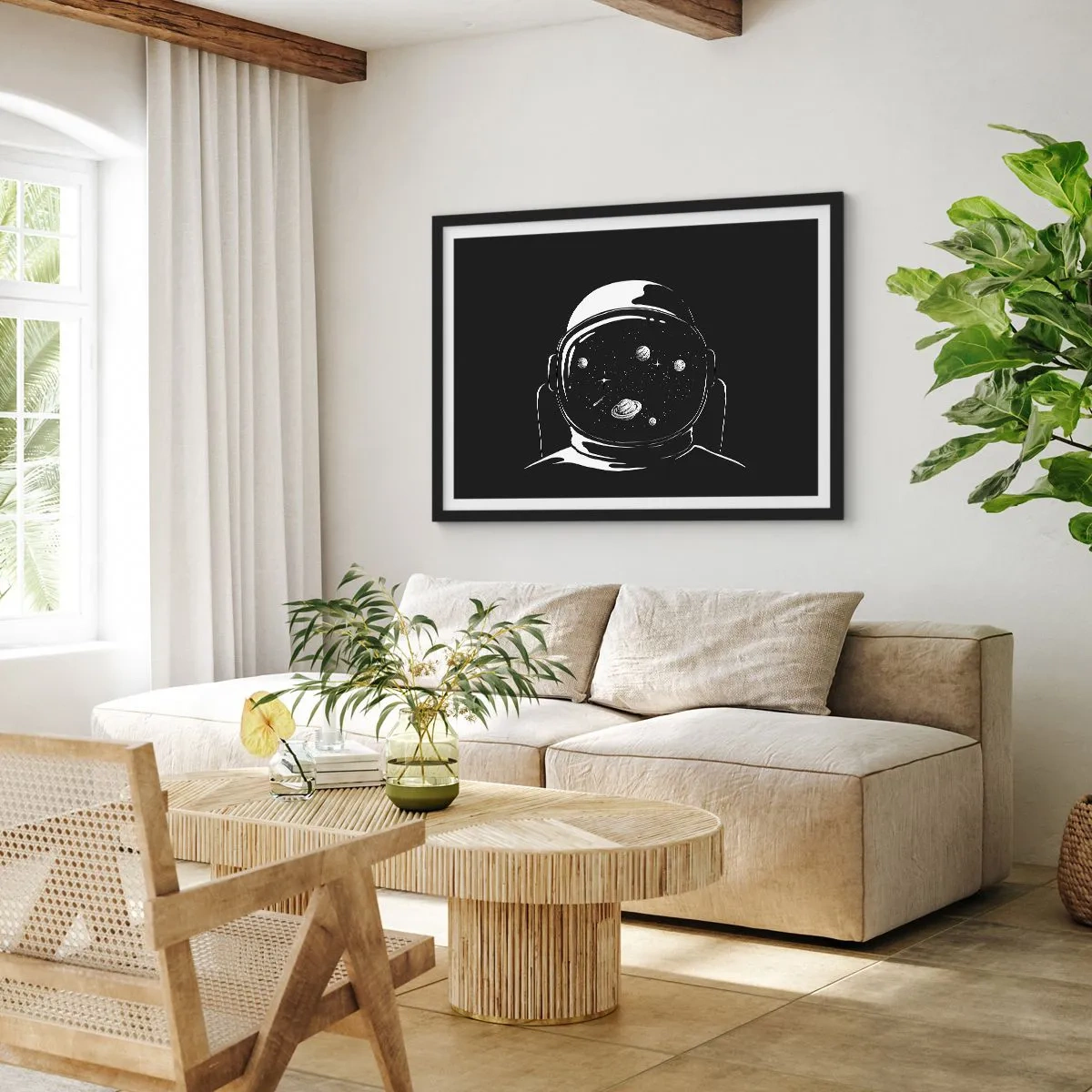 Poster in einem schwarzem Rahmen - Ein minimalistischer Astronautenhelm mit Blick ins Weltall - 100x70cm - Schöne Aussicht - Moderne Wanddekoration für Wohnzimmer und Schlafzimmer ARTTOR
