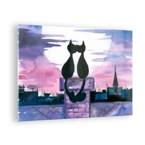 Glasbild - Bild auf glas - Silhouetten von zwei Katzen vor der untergehenden Sonne - 70x50cm - Rendez-vous unter dem Mond - Moderne Wanddekoration für Wohnzimmer und Schlafzimmer ARTTOR
