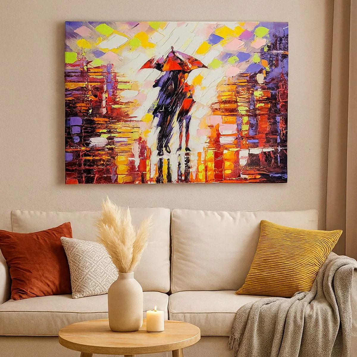 Bild auf Leinwand - Leinwandbild - Eine abstrakte Szene eines Spaziergangs unter einem Regenschirm in einer regnerischen Nacht. - 70x50cm - Gemeinsam durch die Nacht und den Regen - Moderne Wanddekoration für Wohnzimmer und Schlafzimmer ARTTOR