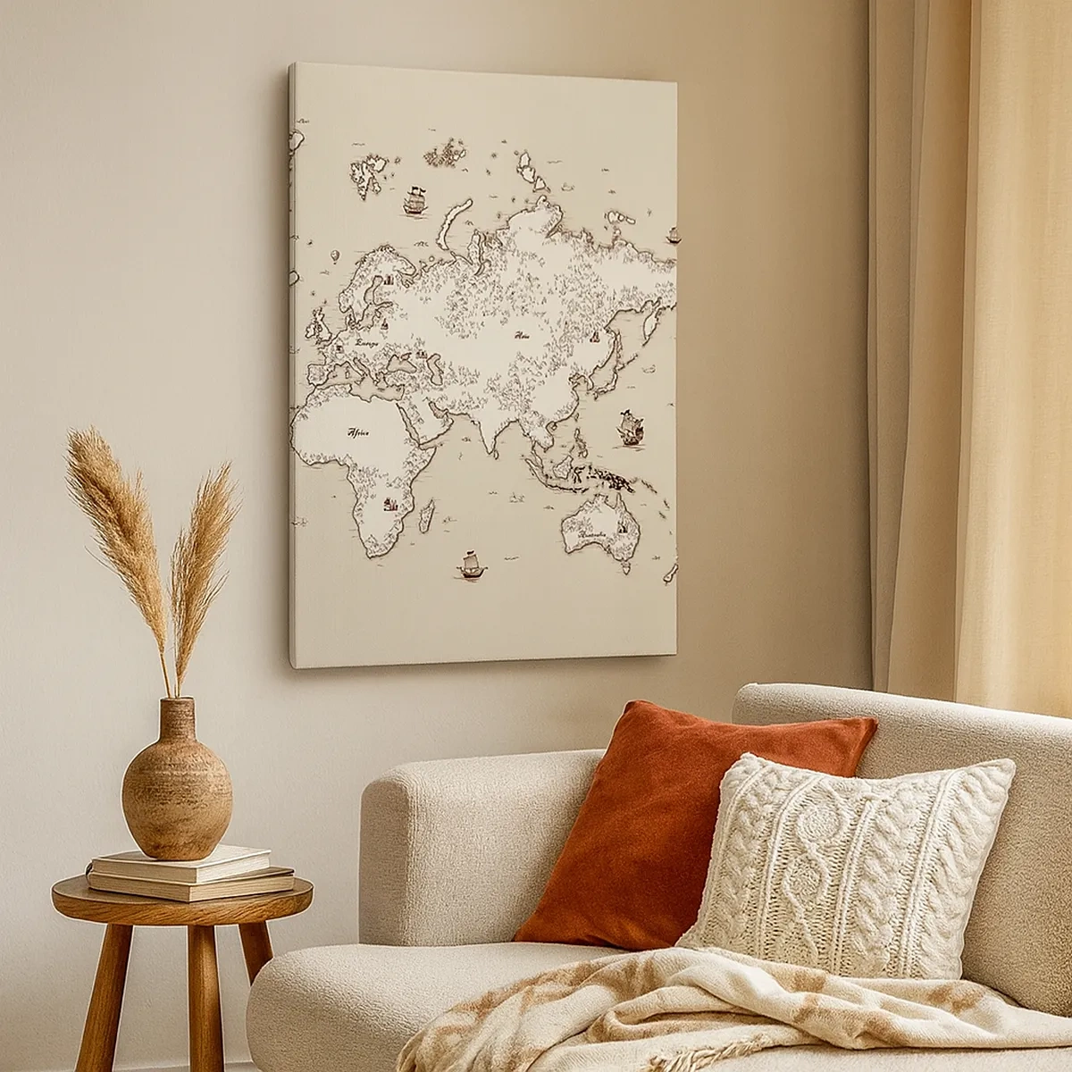 Bild auf Leinwand - Leinwandbild - Eine stilisierte Weltkarte in Beige- und Brauntönen. - 50x70cm - Reise um die Welt - Moderne Wanddekoration für Wohnzimmer und Schlafzimmer ARTTOR
