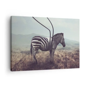 Bild auf Leinwand - Leinwandbild - Ein surreales Zebra vor einer grasbewachsenen Landschaft - 70x50cm - Achtung! Fehler - Moderne Wanddekoration für Wohnzimmer und Schlafzimmer ARTTOR
