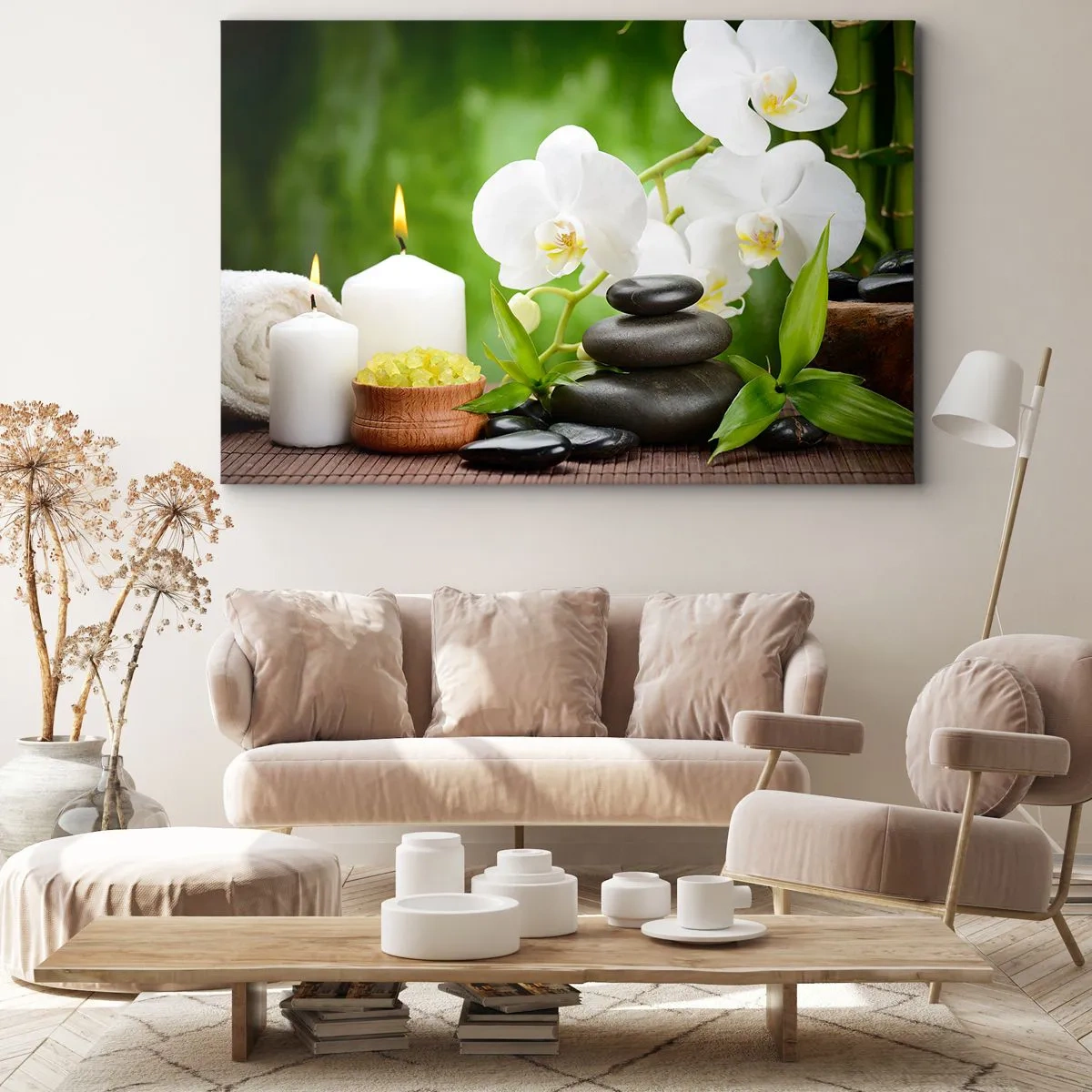 Bild auf Leinwand - Leinwandbild - Orchideen, Kerzen und Steine inmitten der Natur - 70x50cm - Duftige, blumige, zarte Berührung - Moderne Wanddekoration für Wohnzimmer und Schlafzimmer ARTTOR