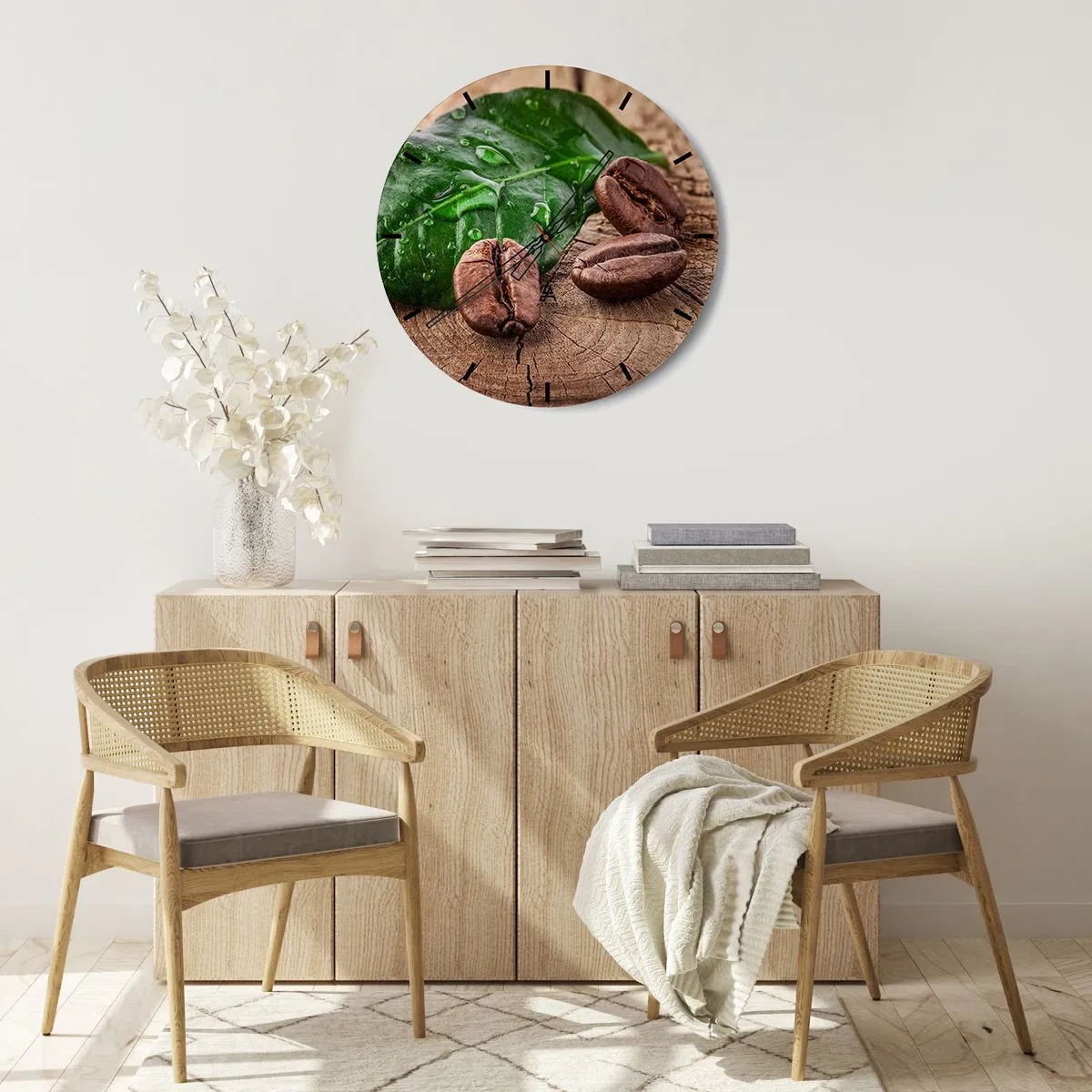 Wanduhr - Glasuhr - Kaffeebohnen und grünes Blatt auf einem hölzernen Hintergrund - 30x30cm - Der wahrste und schwarze - Moderne Wanddekoration für Wohnzimmer, Küche und Schlafzimmer ARTTOR