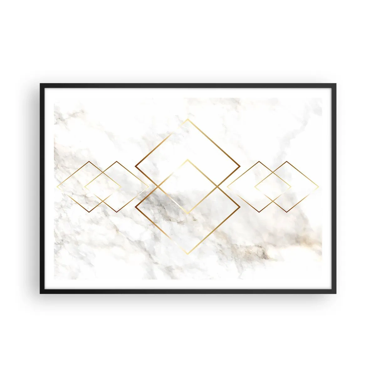 Poster in einem schwarzem Rahmen - Minimalistische goldene Rauten auf Marmorhintergrund - 100x70cm - Ein Blick in die Unendlichkeit - Moderne Wanddekoration für Wohnzimmer und Schlafzimmer ARTTOR