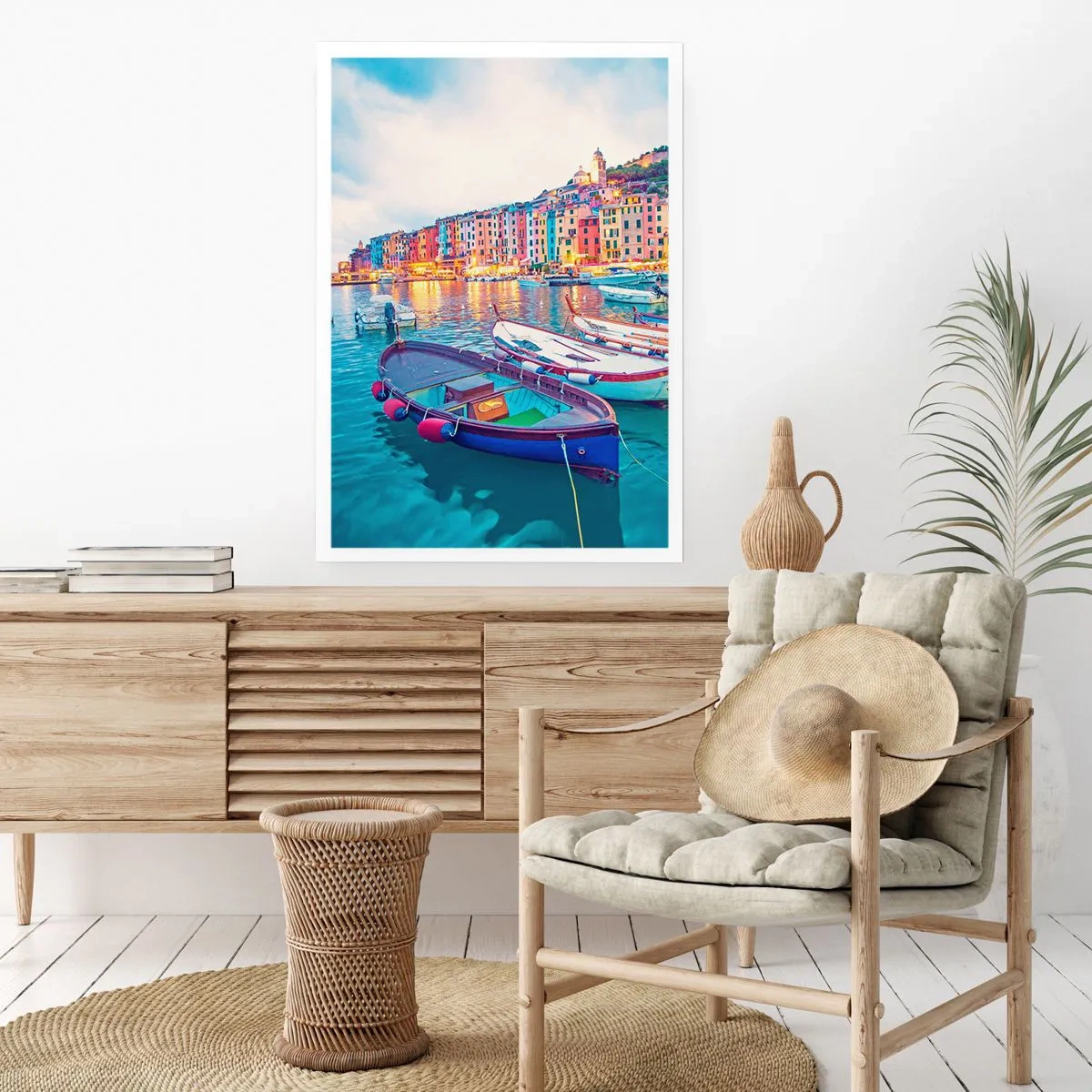 Poster - Bunte Häuser und Boote in einer Küstenlandschaft - 50x70cm - Bunter Abend im Hafen - Moderne Wanddekoration für Wohnzimmer und Schlafzimmer ARTTOR