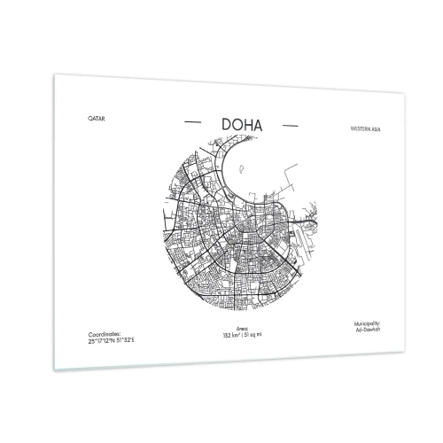Glasbild - Bild auf glas - Eine grafische Karte von Doha im minimalistischen Schwarz-Weiß-Stil. - 70x50cm - Anatomie von Doha - Moderne Wanddekoration für Wohnzimmer und Schlafzimmer ARTTOR