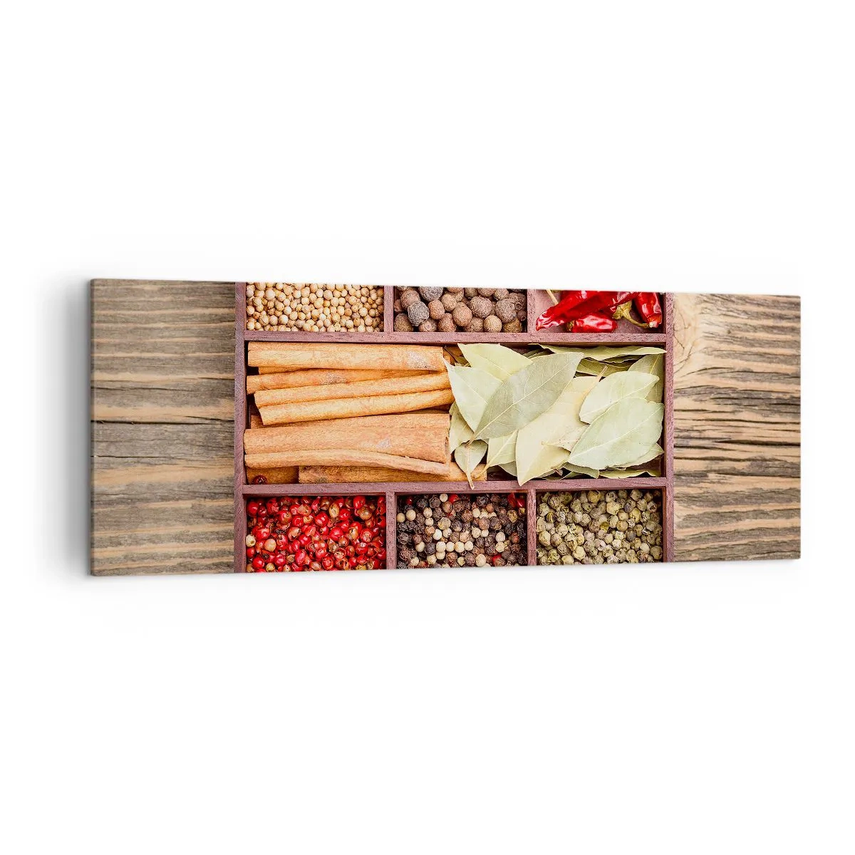 Bild auf Leinwand - Leinwandbild - Holzkiste mit verschiedenen Gewürzen in Fächern - 140x50cm - Ordnung der Formen, Bouquet von Aromen - Moderne Wanddekoration für Wohnzimmer und Schlafzimmer ARTTOR