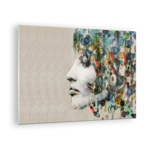 Glasbild - Bild auf glas - Frauenportrait mit abstrakten Farbakzenten - 70x50cm - Sie tauchte aus dem Grau auf - Moderne Wanddekoration für Wohnzimmer und Schlafzimmer ARTTOR