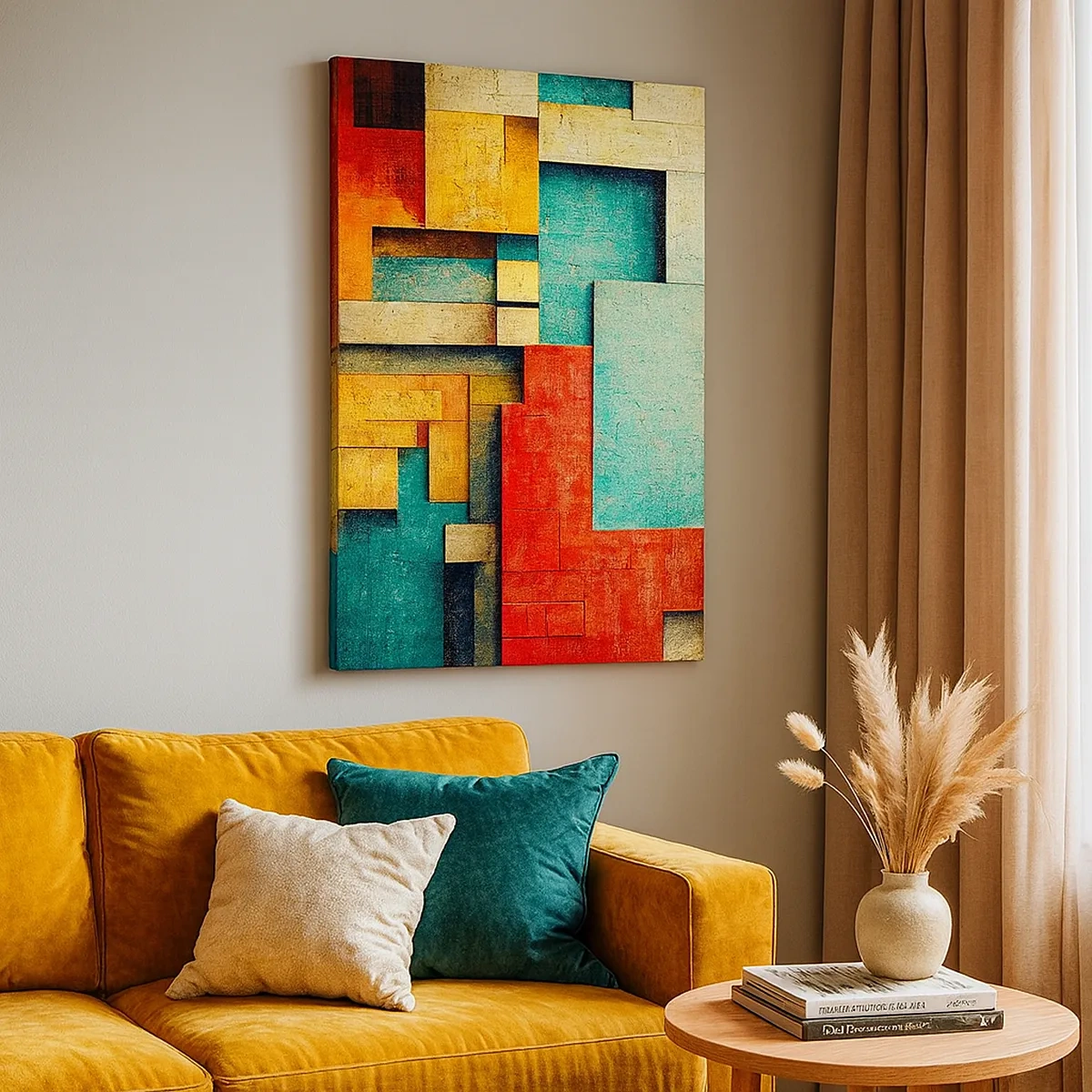 Bild auf Leinwand - Leinwandbild - Abstrakte geometrische Formen in leuchtenden Farben - 50x70cm - Festival der rechten Winkel - Moderne Wanddekoration für Wohnzimmer und Schlafzimmer ARTTOR