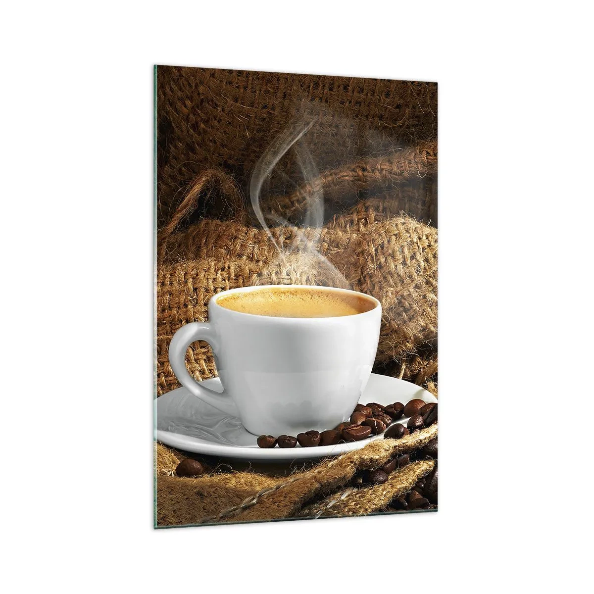 Glasbild - Bild auf glas - Eine Tasse Kaffee, umgeben von einer Tüte Kaffeebohnen - 70x100cm - Der Geruch von Mokka und die Dicke der Honigflüssigkeit - Moderne Wanddekoration für Wohnzimmer und Schlafzimmer ARTTOR