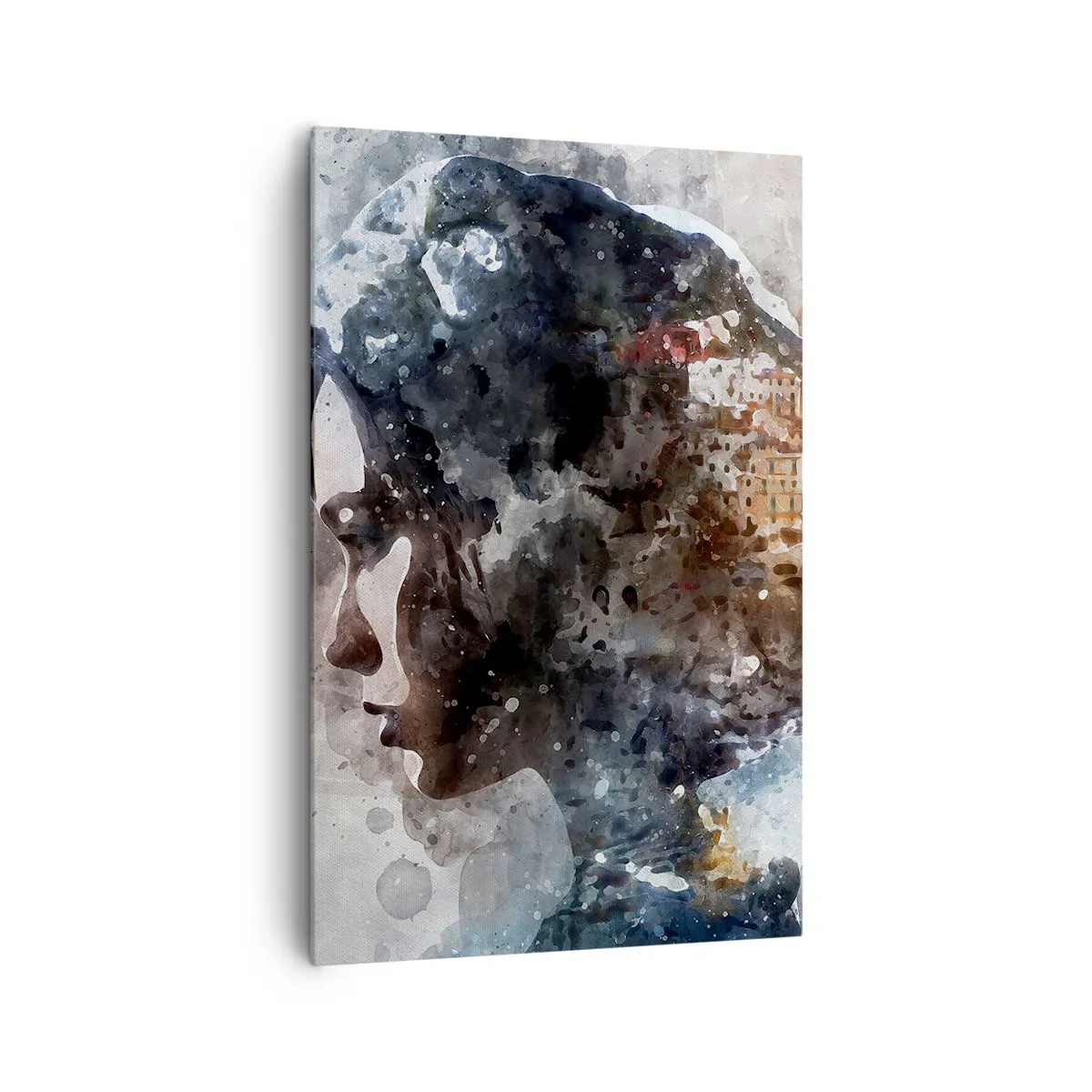 Bild auf Leinwand - Leinwandbild - Porträt einer Frau, die ihr Gesicht mit einer Stadtlandschaft im Hintergrund kombiniert - 80x120cm - Eine Geschichte über ein Mädchen mit einer Stadt im Hintergrund - Moderne Wanddekoration für Wohnzimmer und Schlafzimme