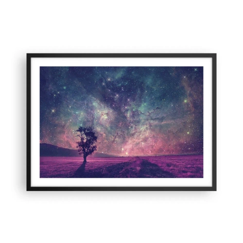Poster in einem schwarzem Rahmen - Ein Baum vor einem Sternenhimmel in violetten und blauen Farben - 70x50cm - Unter dem magischen Himmel - Moderne Wanddekoration für Wohnzimmer und Schlafzimmer ARTTOR