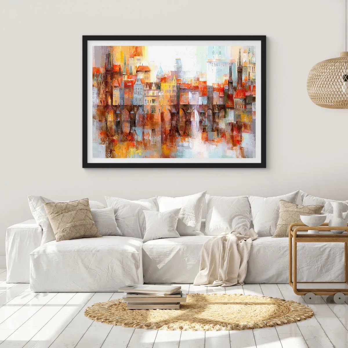 Poster in einem schwarzem Rahmen - Ein malerisches Panorama der Stadt mit einer Brücke in Herbstfarben - 70x50cm - Schön ist es auch unter der Brücke - Moderne Wanddekoration für Wohnzimmer und Schlafzimmer ARTTOR