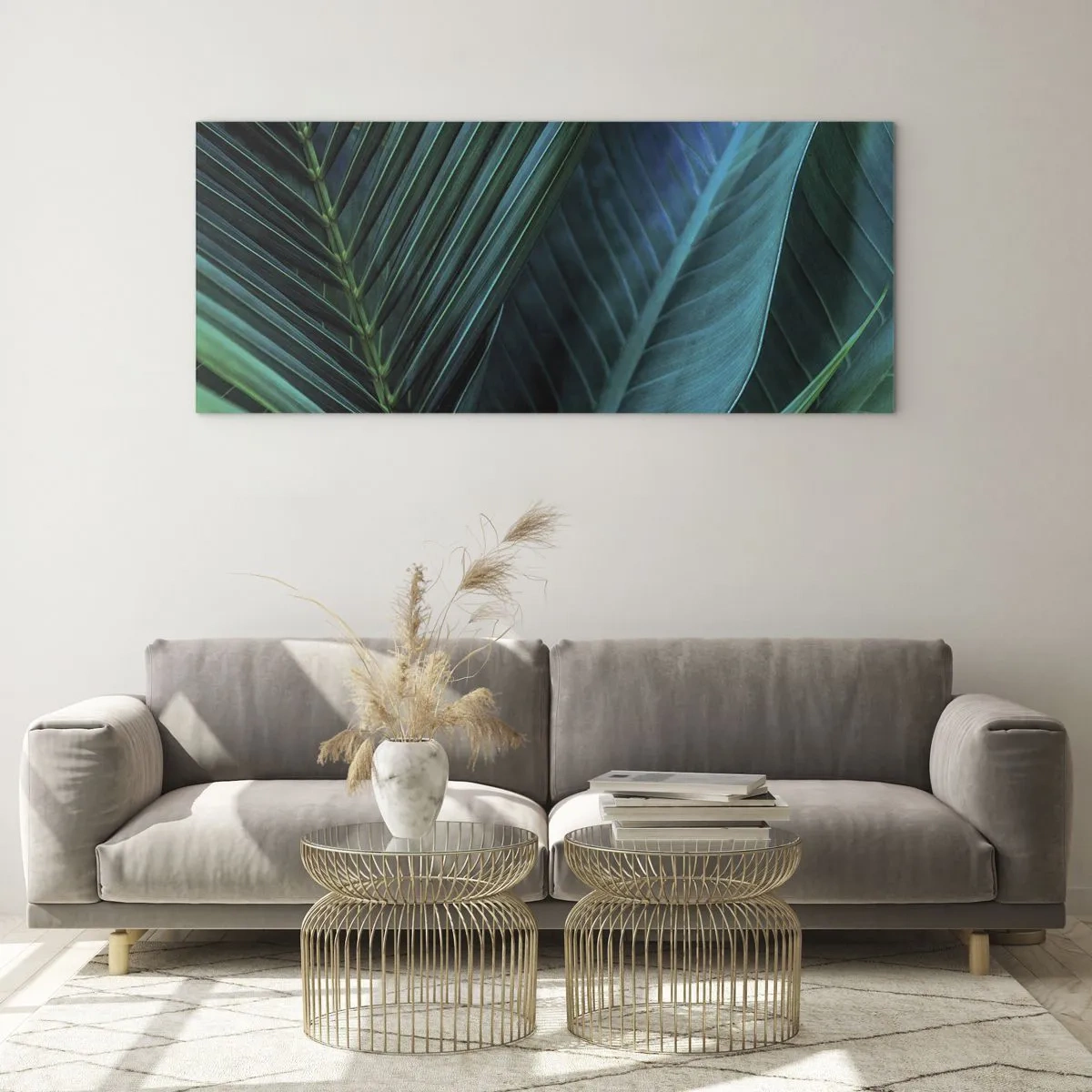 Glasbild - Bild auf glas - Nahaufnahme von tropischen grünen Blättern - 120x50cm - Die Anatomie des Grüns - Moderne Wanddekoration für Wohnzimmer und Schlafzimmer ARTTOR