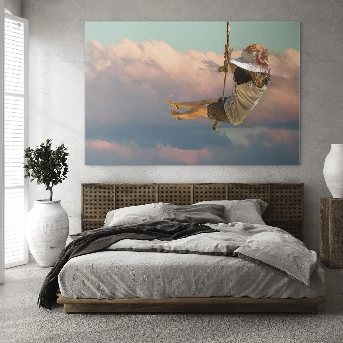 Glasbild - Bild auf glas - Mädchen auf einer Schaukel zwischen rosa Wolken - 120x80cm - Spaß in den Wolken - Moderne Wanddekoration für Wohnzimmer und Schlafzimmer ARTTOR