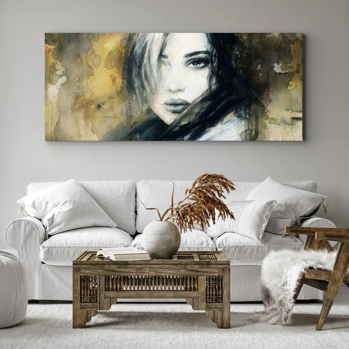 Bild auf Leinwand - Leinwandbild - Porträt einer Frau vor einem Hintergrund aus abstrakten Flecken in Beigetönen - 160x50cm - unschuldiger oder sinnlicher? - Moderne Wanddekoration für Wohnzimmer und Schlafzimmer ARTTOR