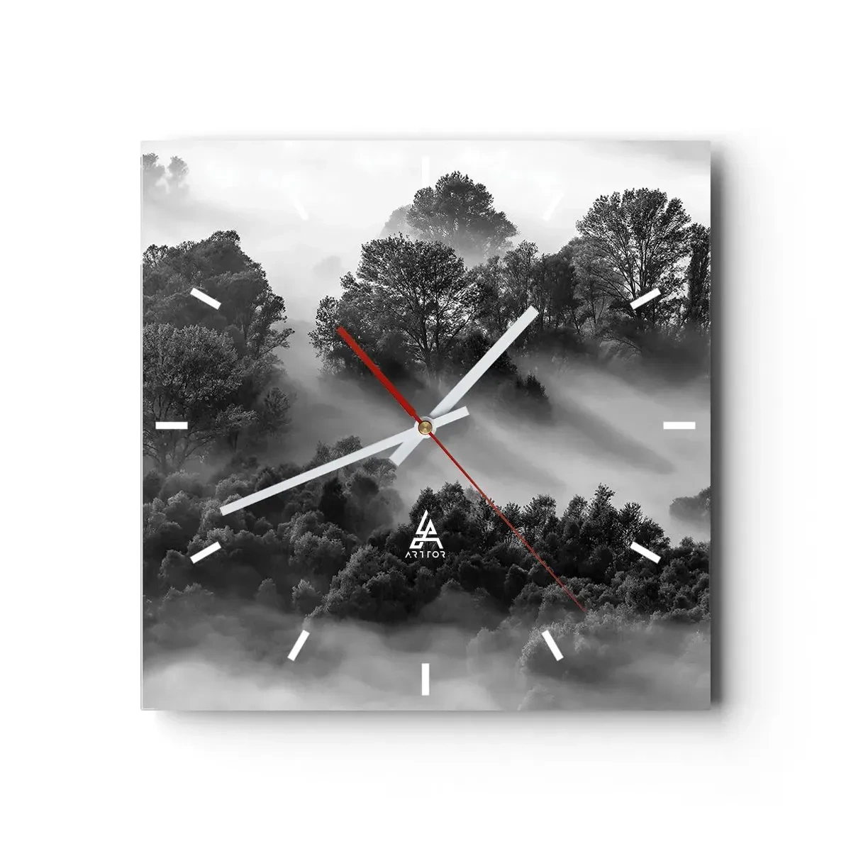 Wanduhr - Glasuhr - Schwarz-weiße Waldlandschaft im Morgennebel - 30x30cm - Aufstehend aus dem Schlaf - Moderne Wanddekoration für Wohnzimmer und Schlafzimmer ARTTOR