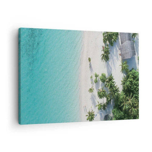Bild auf Leinwand - Leinwandbild - Eine Vogelperspektive auf einen tropischen Strand mit türkisfarbenem Wasser und Palmen - 70x50cm - Urlaub im Paradies - Moderne Wanddekoration für Wohnzimmer und Schlafzimmer ARTTOR