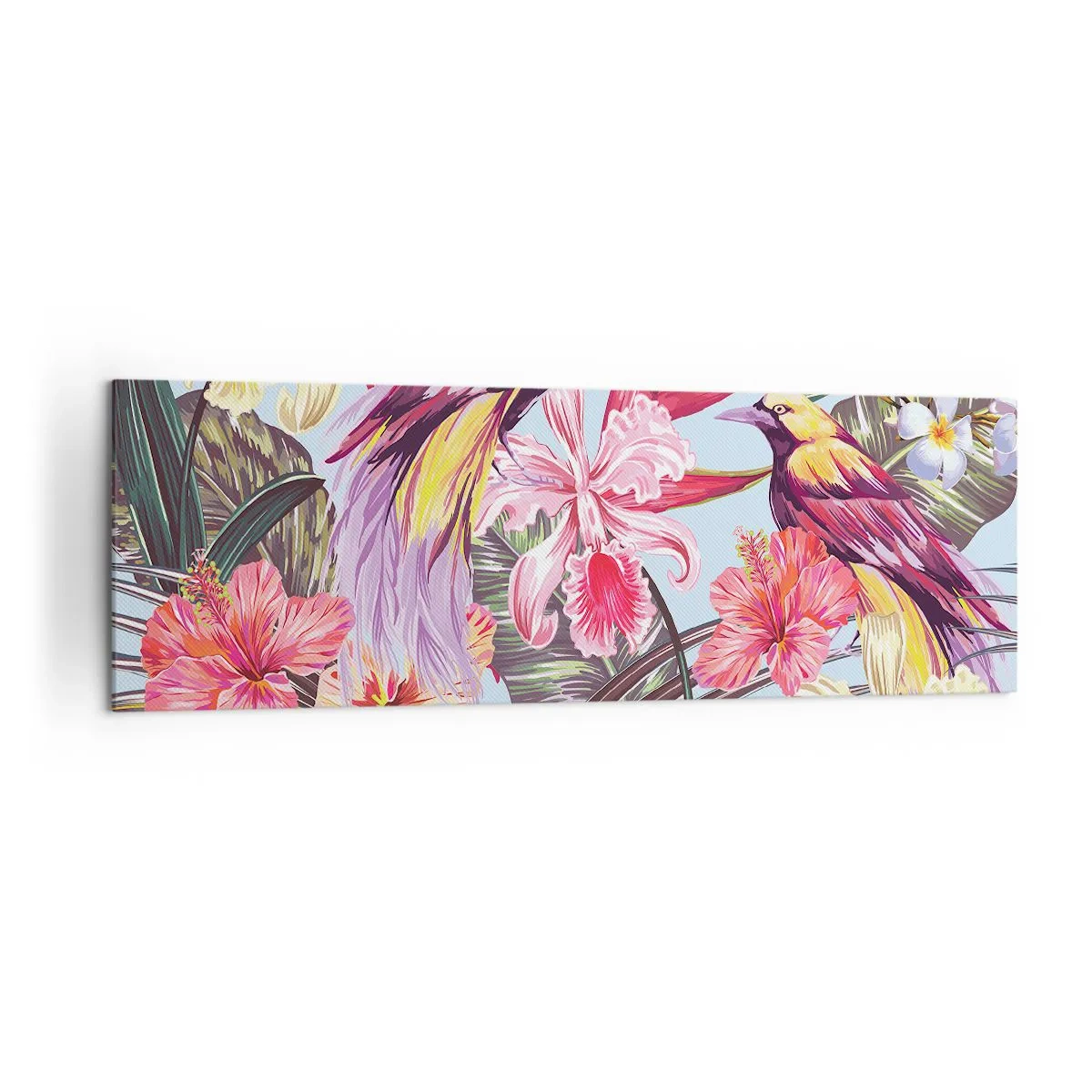 Bild auf Leinwand - Leinwandbild - Exotische Vögel zwischen tropischen Blumen - 160x50cm - Blütenblätter und Federn - Moderne Wanddekoration für Wohnzimmer und Schlafzimmer ARTTOR