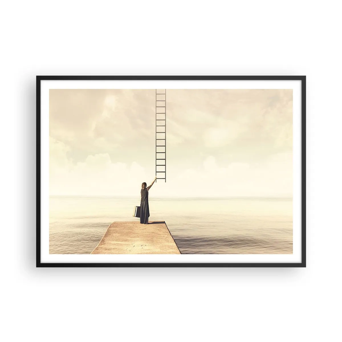 Poster in einem schwarzem Rahmen - Eine Frau steht auf einem Pier mit einer Leiter, die in den Himmel führt - 100x70cm - Eine magische Reise - Moderne Wanddekoration für Wohnzimmer und Schlafzimmer ARTTOR