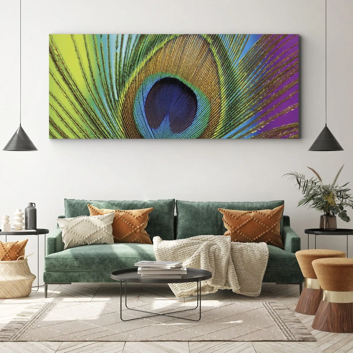 Bild auf Leinwand - Leinwandbild - Nahaufnahme einer Pfauenfeder mit lebendigen Farben - 120x50cm - Auge in Auge - Moderne Wanddekoration für Wohnzimmer und Schlafzimmer ARTTOR