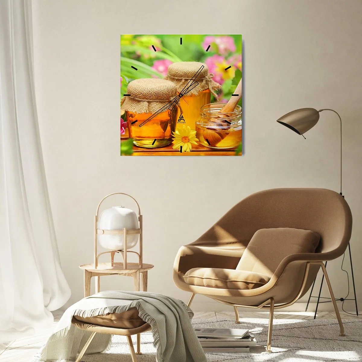 Wanduhr - Glasuhr - Honiggläser mit Blumen vor dem Hintergrund eines Sommergartens - 30x30cm - Süß und blumig - Moderne Wanddekoration für Wohnzimmer und Schlafzimmer ARTTOR