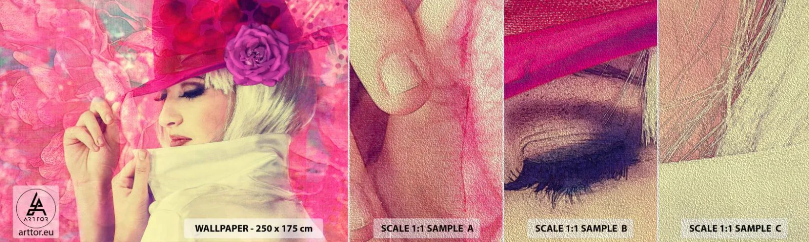 Fototapeten Muster Premium Sand - Retro-Porträt in einem rosa Nebel - Frau, In, A, Hat, Blumen, Mode - 100x30 cm