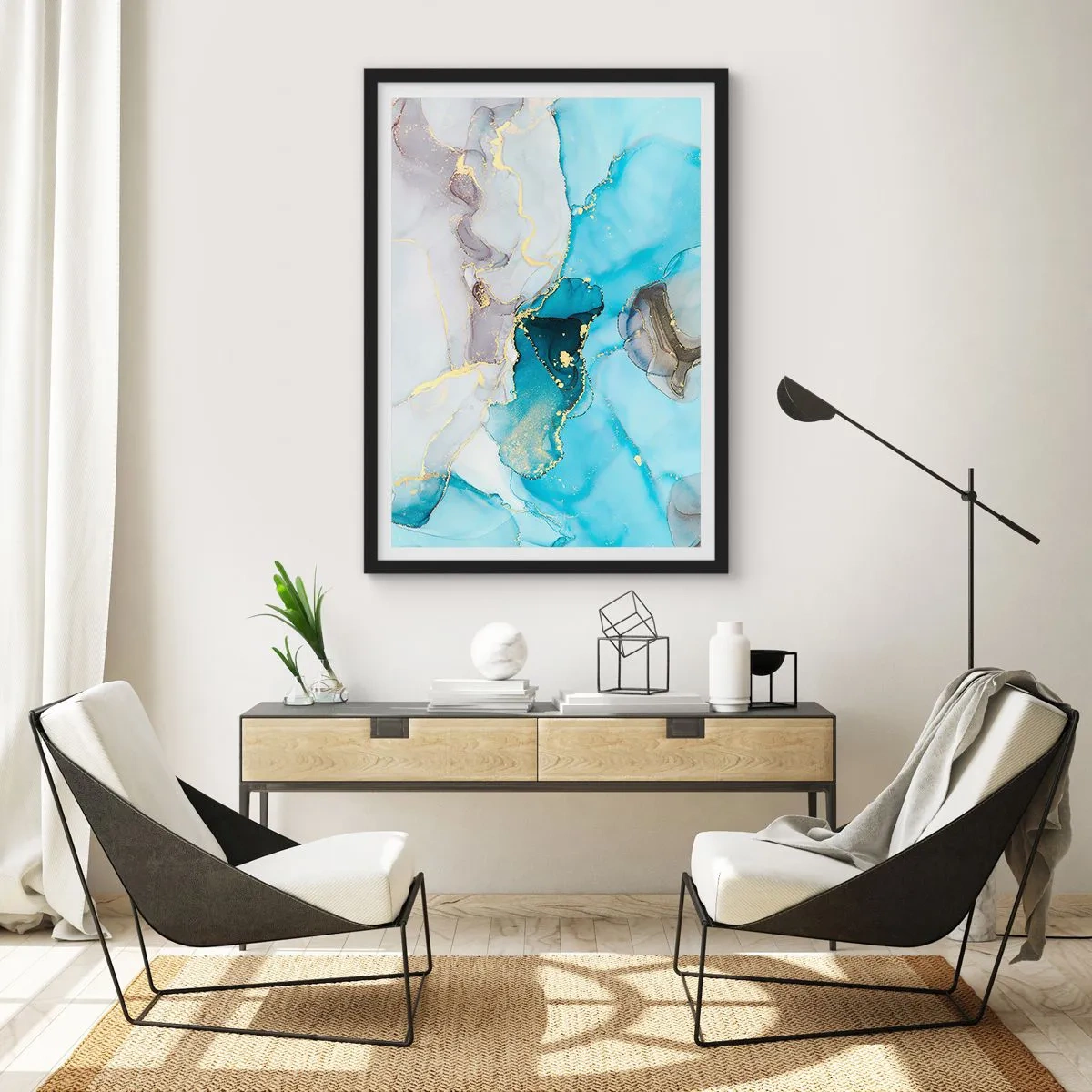 Poster in einem schwarzem Rahmen - Eine Studie über das Zusammentreffen von Grau und Türkis - 40x50 cm