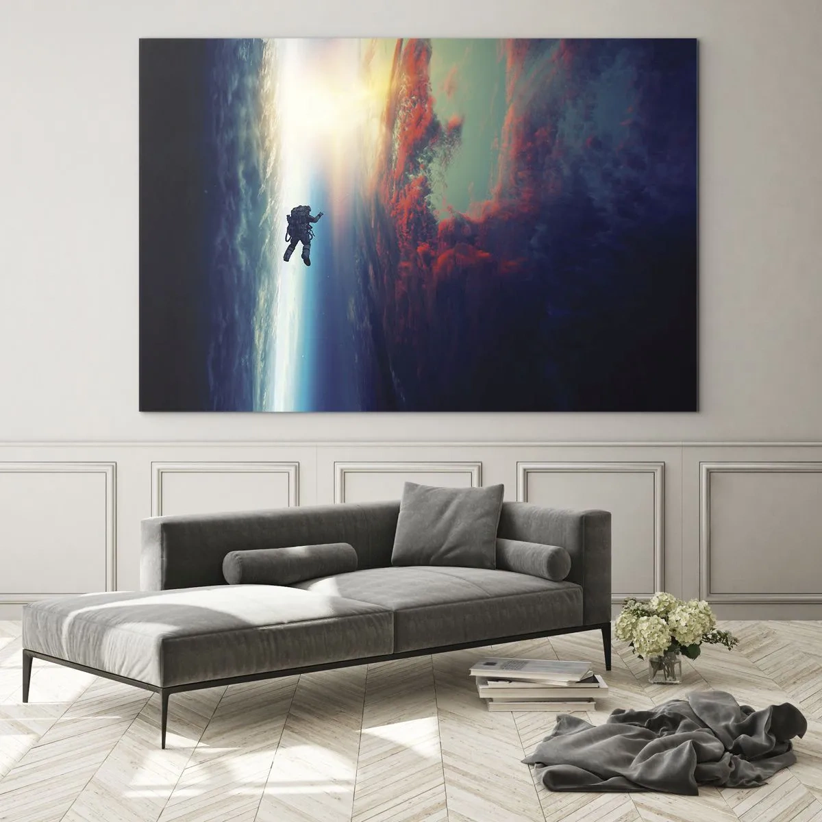 Glasbild - Bild auf glas - Ein Astronaut, der durch den Weltraum in Richtung Licht treibt - 100x70cm - Sich dem Universum stellen - Moderne Wanddekoration für Wohnzimmer und Schlafzimmer ARTTOR