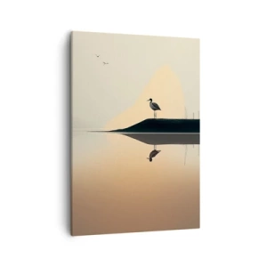 Bild auf Leinwand - Leinwandbild - Ein Vogel auf einer Insel in einem ruhigen See mit warmen Farbtönen - 50x70cm - Herr am See - Moderne Wanddekoration für Wohnzimmer und Schlafzimmer ARTTOR