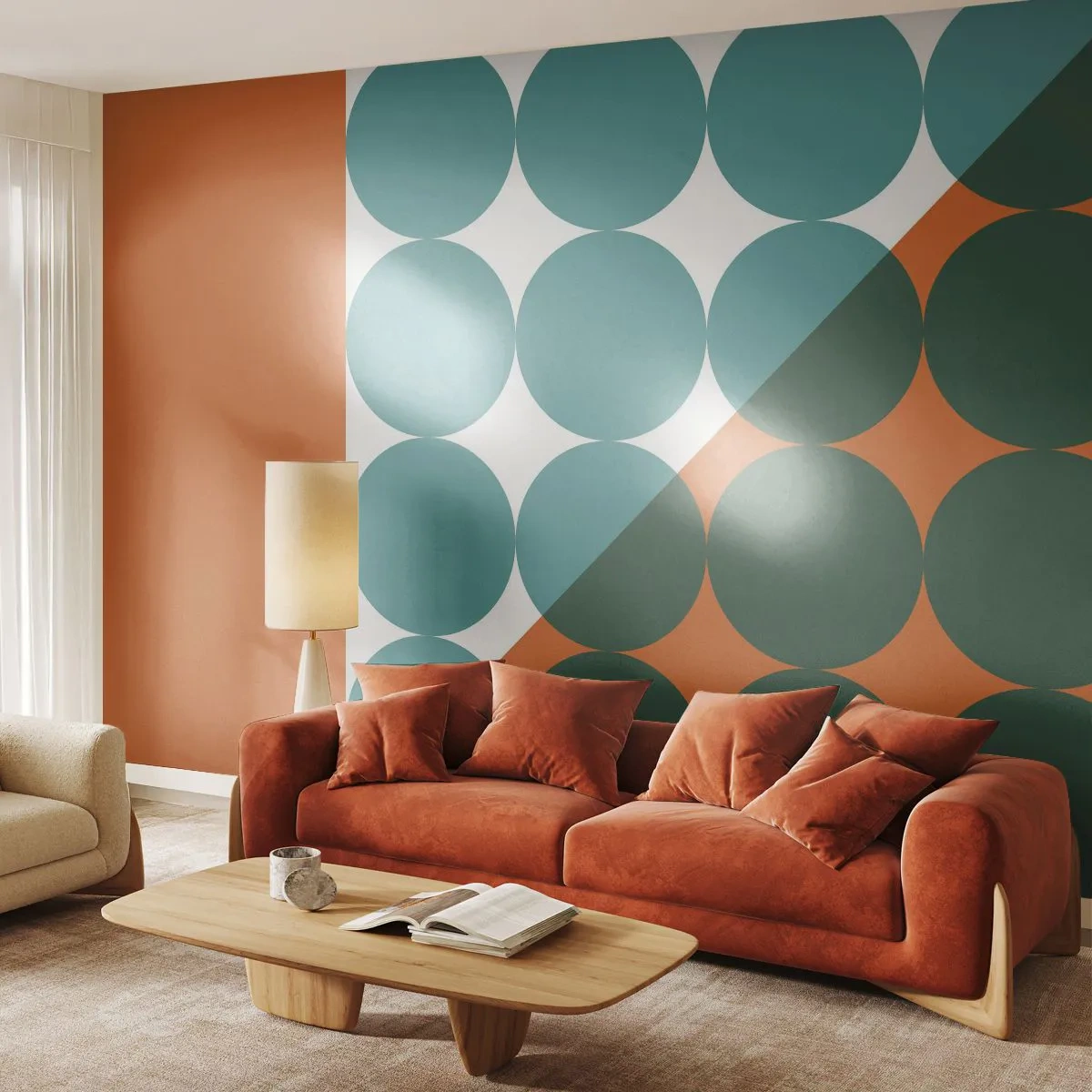 Fototapete Premium Sand - Geometrische Komposition mit Kreisen in Grün- und Orangetönen - 100x70cm - Nach oben und schräg - Moderne Wanddekoration für Wohnzimmer und Schlafzimmer ARTTOR