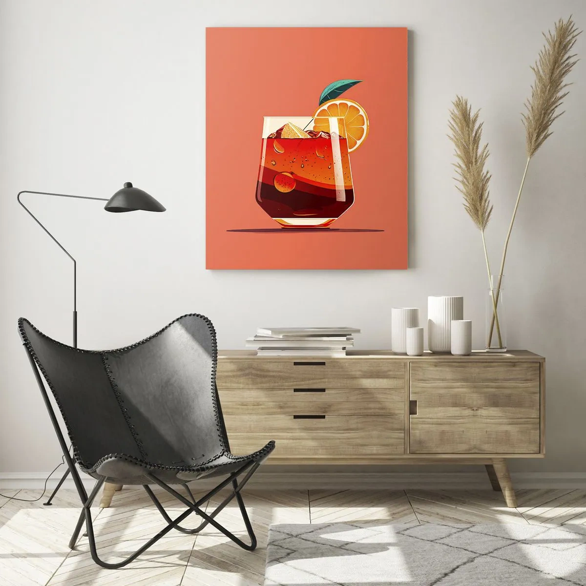 Glasbild - Bild auf glas - Ein farbenfrohes Getränk mit Orange auf einem warmen Pfirsichhintergrund - 50x70cm - Sommerliche Erfrischung - Moderne Wanddekoration für Wohnzimmer und Schlafzimmer ARTTOR