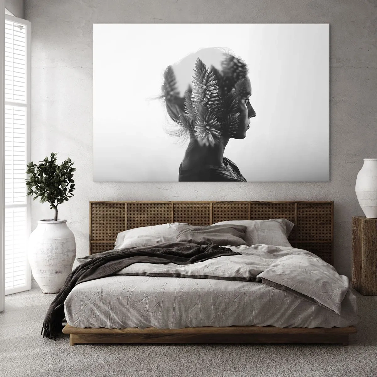 Glasbild - Bild auf glas - Eine Frau in Schwarz-Weiß mit einem darüber gelegten Nadelwaldmotiv - 120x80cm - Dame des Kiefernwaldes - Moderne Wanddekoration für Wohnzimmer und Schlafzimmer ARTTOR