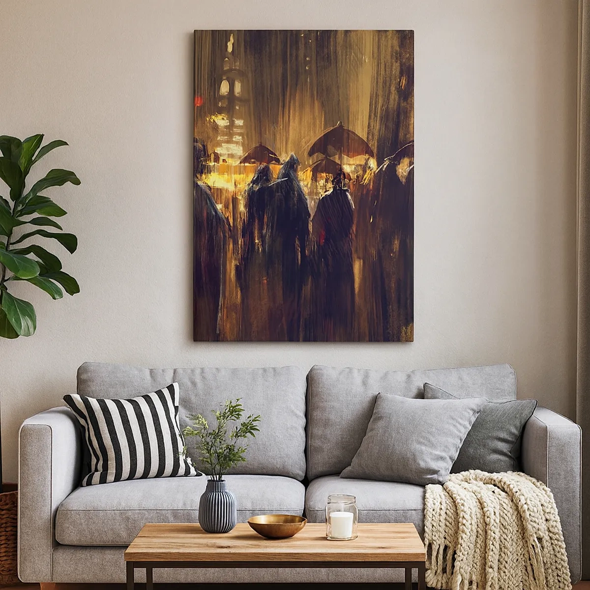 Bild auf Leinwand - Leinwandbild - Figuren mit Regenschirmen in einer verregneten Stadt bei Nacht - 50x70cm - Anhänger des Regens - Moderne Wanddekoration für Wohnzimmer und Schlafzimmer ARTTOR